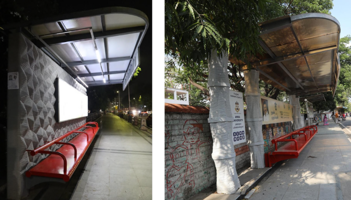 The first 3D-printed bus shelter was installed in September 2024 near Marina Bay (left). Now, many other bus stops will gradually be upgraded using 3D printing, such as the Anna University bus stop (right) (photo credit: unseenchennai on Instagram).