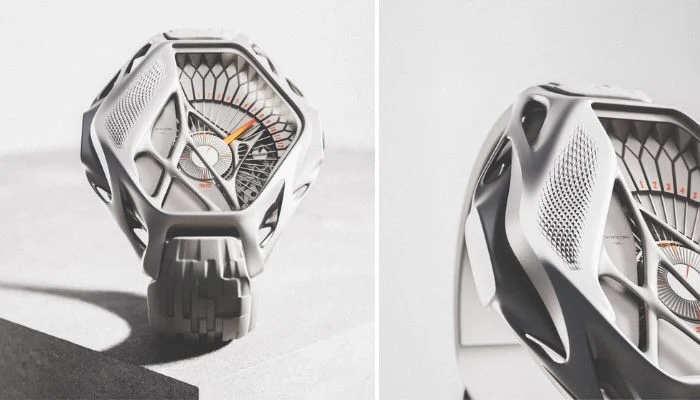 The watch combines geometry, nature, and technology.