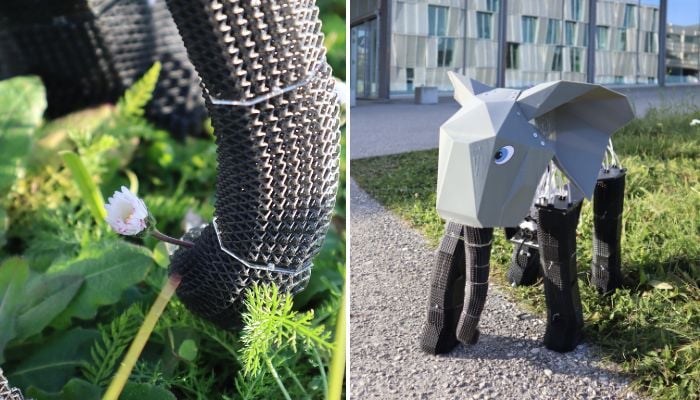 The elephant robot’s trunk can, among other things, grasp a flower.