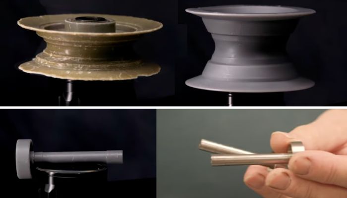 Some of the BFI’s applications: an antique, worn film reel and its 3D-printed replica (top); prototypes of a screw (bottom)