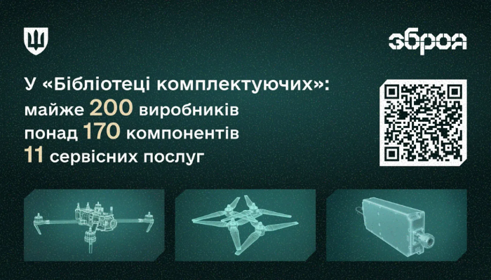 (Translation: In the Ukrainian MoD 'Components Library' there are over 200 manufacturers, more than 170 components, and 11 services that can be accessed.)