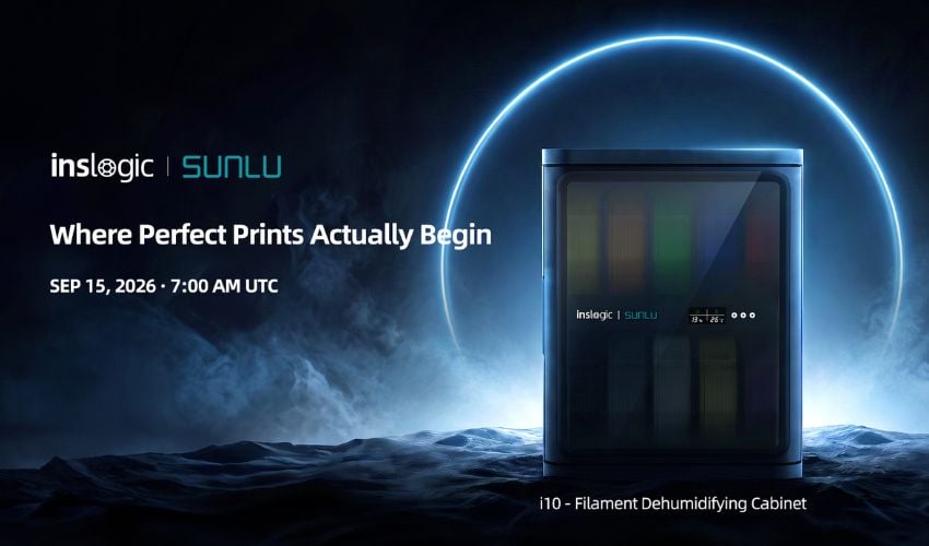SUNLU-INSLOGIC FilaDC i10 filament dehumidifying cabinet, a dark front-loading unit with filament spools visible behind a tinted door and a small display on the front, above the pre-order date of September 15, 2026 at 7:00 AM UTC.