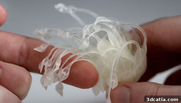 A vibrant 3D printed Hydrophyte model, demonstrating the intricate details and potential for lifelike movement.