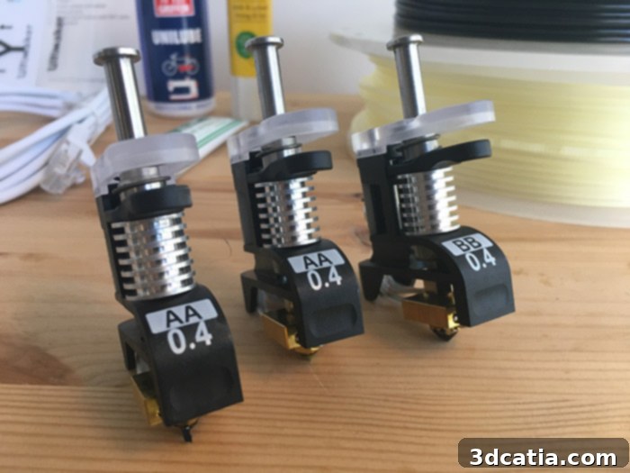 The three different Print Cores supplied with the Ultimaker S5 3D Printer.