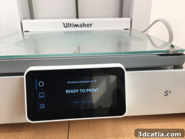 The Ultimaker S5 features a full-color touch screen for enhanced user interaction.