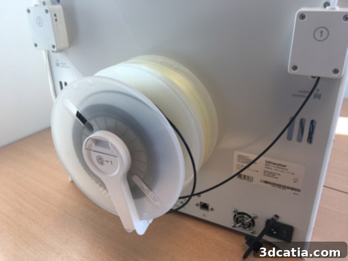 Filament reels are installed on the back of the Ultimaker S5 and automatically detected by Cura.