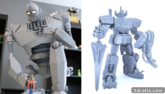 Two articulated 3D printed robots in different poses