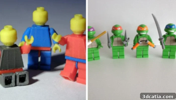A collection of 3D printed LEGO bricks and figures