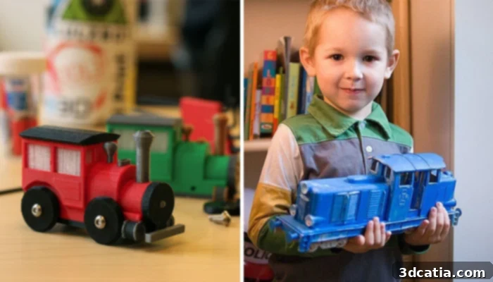 A 3D printed model train on tracks
