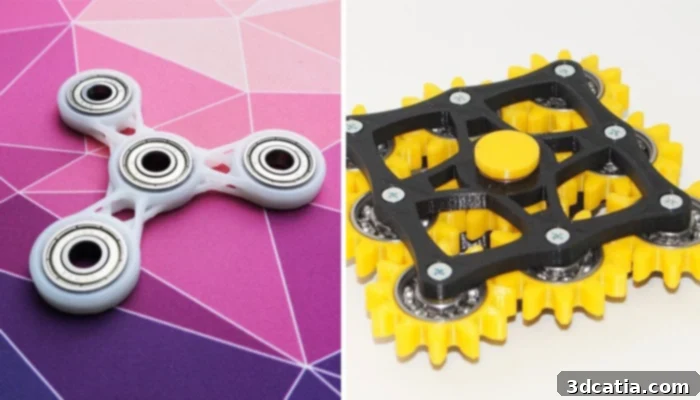 A collection of colorful 3D printed fidget spinners