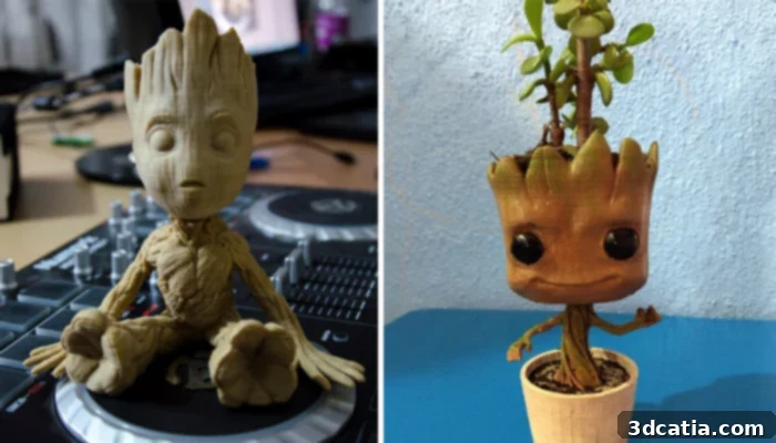 A 3D printed Baby Groot figure with a plant