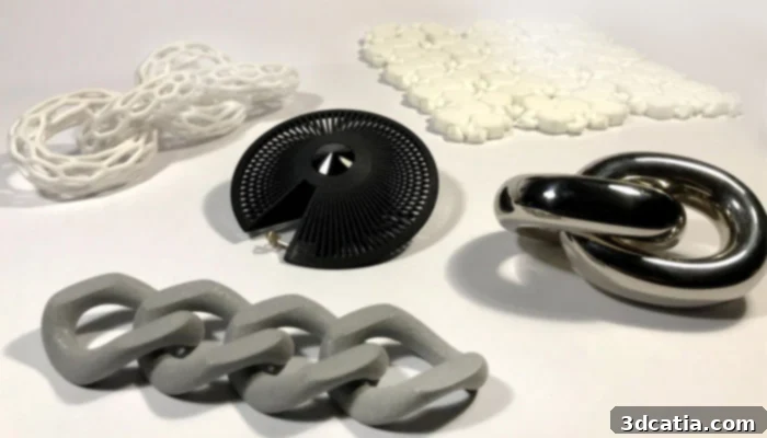 Intricate 3D printed accessories by VOJD Studios showcasing complex geometries and modern design in luxury fashion.