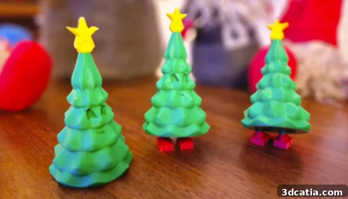 Bluey, the 3D-printed Christmas tree doll in various poses