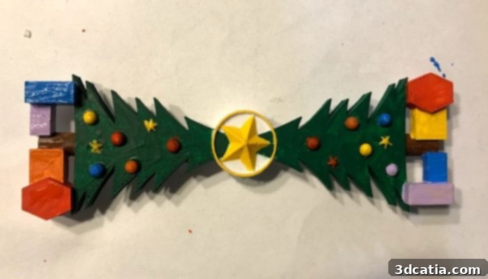 3D printed festive bow tie with Christmas trees and poinsettia design