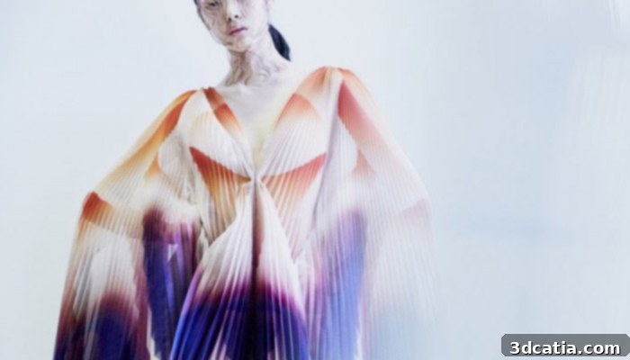 Iris van Herpen's Shift Souls collection featuring 3D printed elements and vibrant, flowing fabrics.