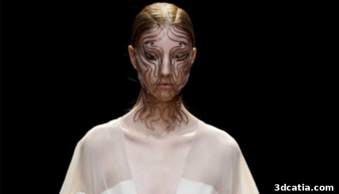 Close-up of Iris van Herpen's 3D printed Cellchemy face jewelry, showcasing intricate patterns.