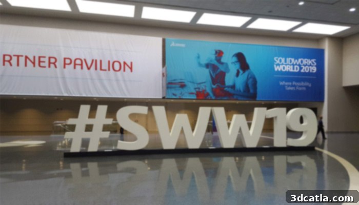Solidworks World 2019 exhibition hub entrance with vibrant branding
