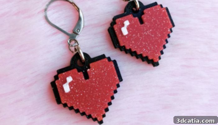 3D printed pixel heart earrings STL file