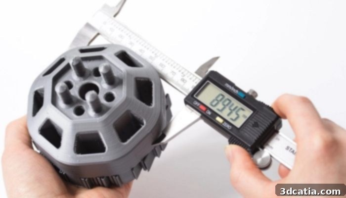 Close-up of a digital caliper measuring a 3D printed part
