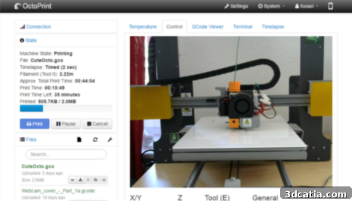 OctoPrint interface on a tablet for remote 3D printer control