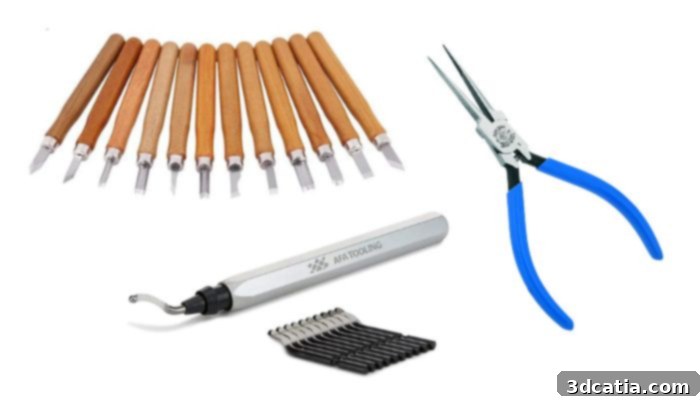 3D printer accessories: small knives, plier and deburring tool