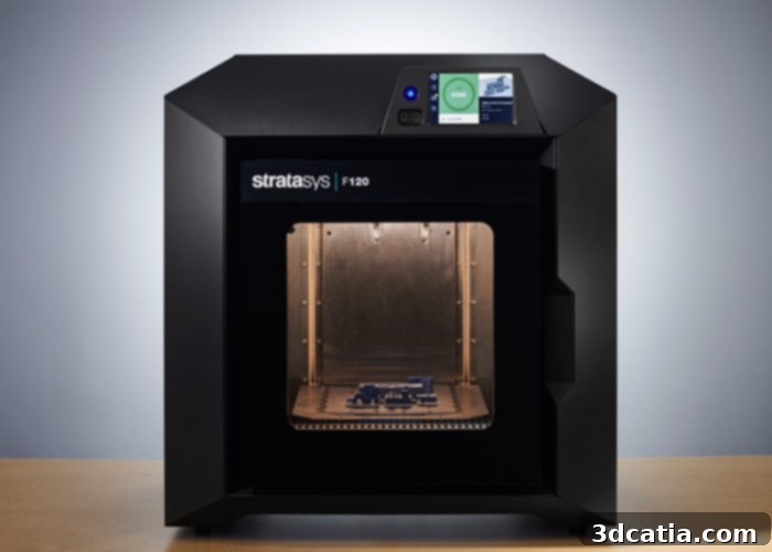 Stratasys F120 3D printer with its touch control screen and user interface.
