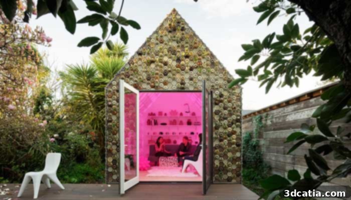 The Cabin of Curiosities, a 3D printed building by Emerging Objects, featuring 4,500 ceramic tiles made from innovative recycled materials like cement, sawdust, salt, and grape skins.