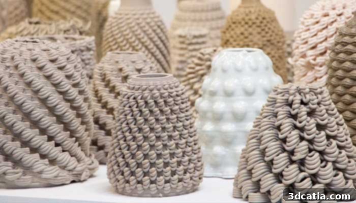 Part of Emerging Objects’ GCODE.Clay series of objects 3D printed in various clays, showcasing the creative potential of designing with G-code for complex geometries.