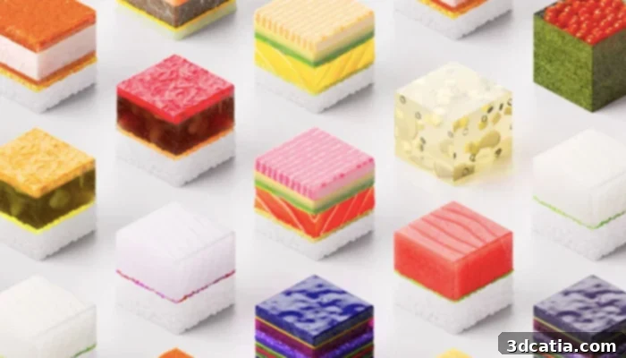 Presentation of various 3D printed sushi pieces