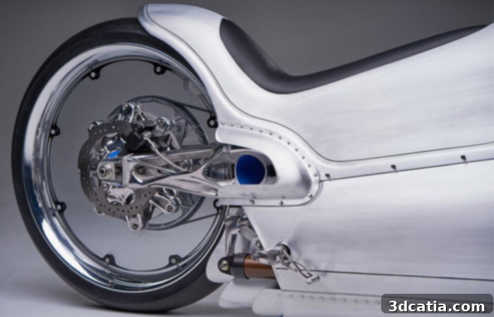 Close-up of the Fuller Moto 2029's advanced 3D printed components and unique design features.