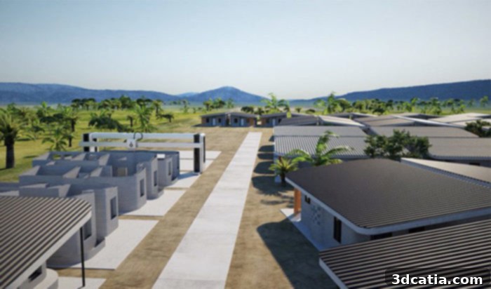 Architectural render of the 3D printed community homes