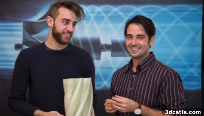 Michele Tonizzo (left) and Gabriele Natale (right) at the James Dyson Award, representing moi composites and their innovative work.