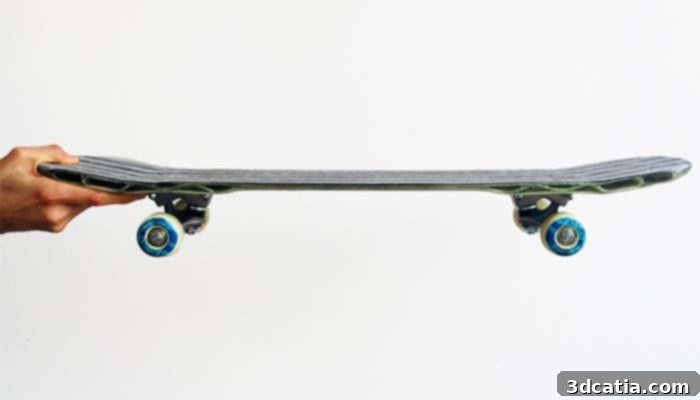 A skateboard deck fabricated with moi composites' CFM technology, showcasing a blend of performance and personalized design.