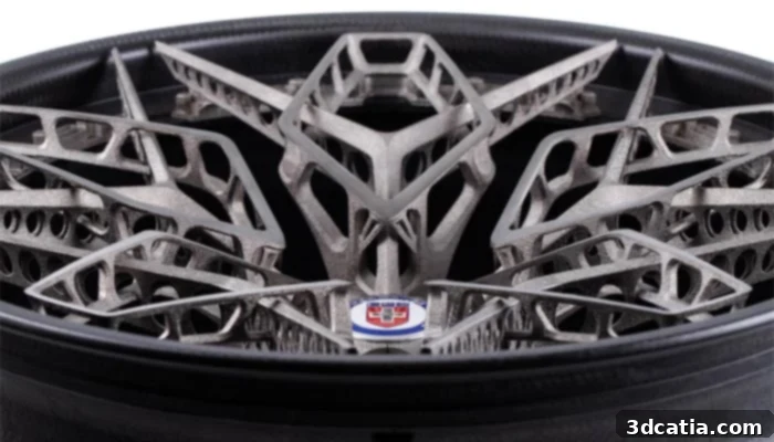 Close-up of the HRE3D+ titanium wheel, highlighting its intricate 3D printed lattice structure and lightweight design.