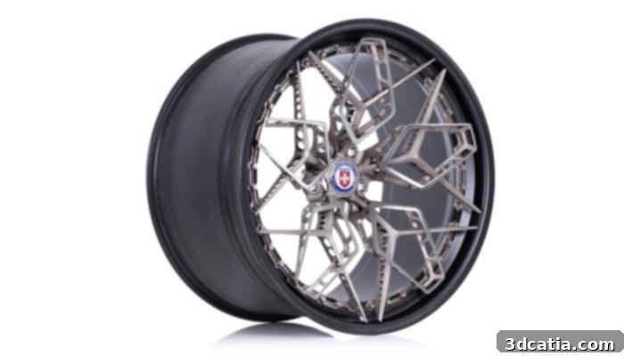 Another view of the HRE3D+ titanium wheel, emphasizing its unique structural integrity and advanced manufacturing.