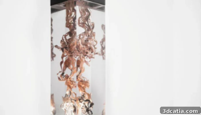 Image of the final Totem piece, showcasing six distinct liquid channels containing melanin from different species.
