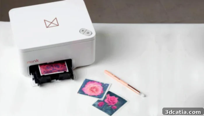Mink 3D Makeup Printer in use, showcasing its compact design and the cosmetic sheet.