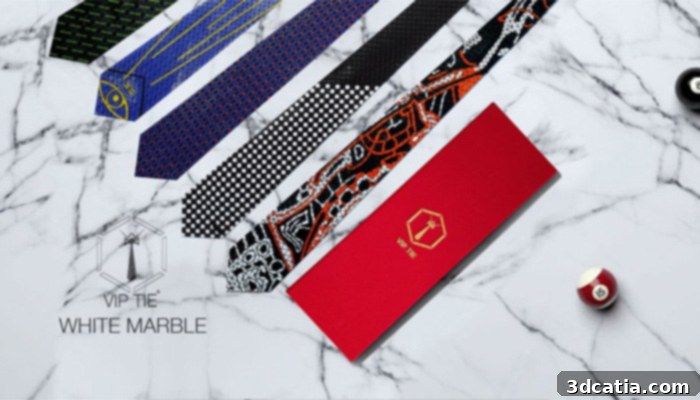 Collection of luxury 3D printed ties by VIP TIE, showcasing diverse designs