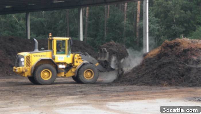 Biowaste being processed in an industrial composting facility