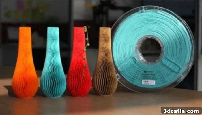 Polymaker PLA filament spools ready for 3D printing applications, showcasing diverse color options.