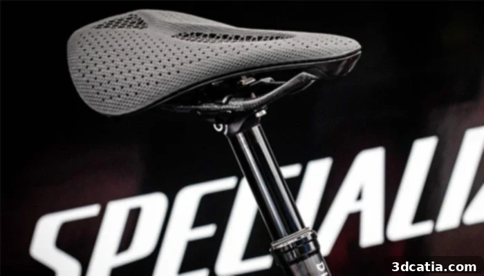 The Specialized S-Works Power saddle created with Carbon's advanced 3D printing technology, showcasing its unique lattice structure and ergonomic design for enhanced cycling performance and comfort.
