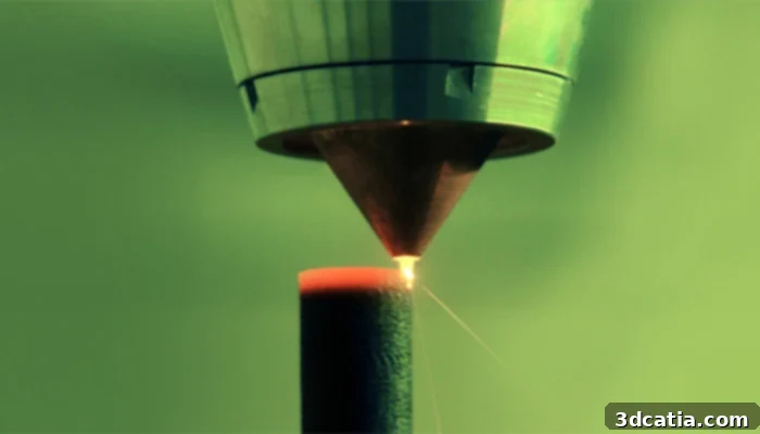 A Directed Energy Deposition machine in action, building or repairing a metal component.