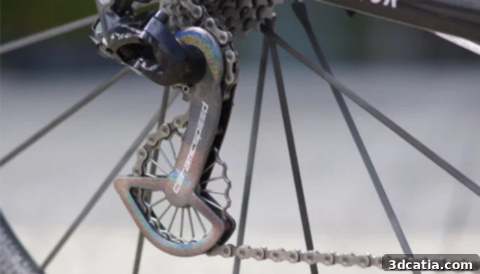 Close-up of the 3D printed titanium CeramicSpeed pulley for bicycle drivetrain