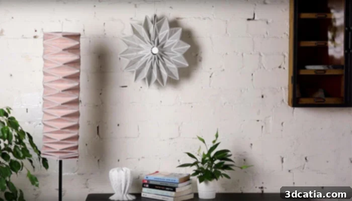 A Conductive Origami lamp, expanded and illuminated.