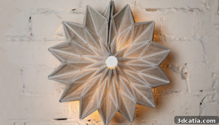 A Conductive Origami lamp in its partially open state, showing intricate details.