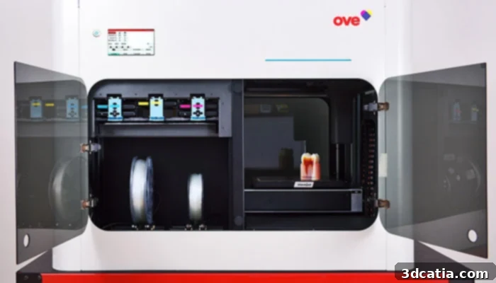 A full-color FDM 3D printer with an open build chamber, showing the printhead mechanism.