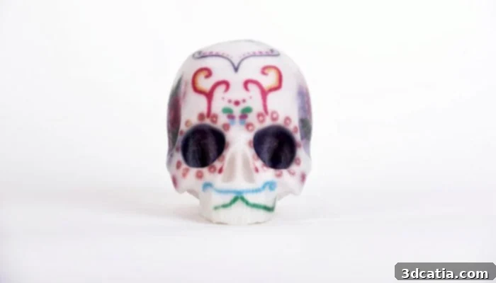 A vividly colored 3D printed model of a stylized human head, showcasing intricate details and gradients.