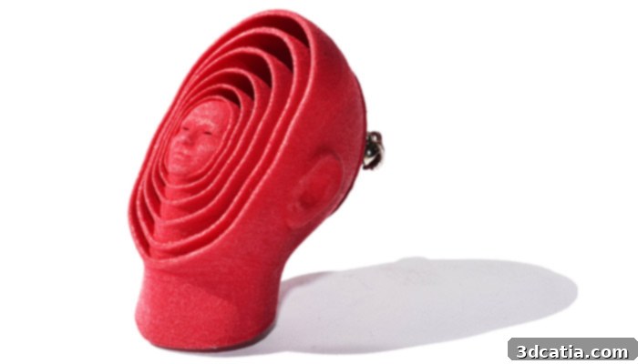 Close-up of a sculptural 3D printed jewelry piece by Caroline Auraix