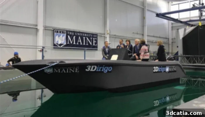 The 3D printed boat, 3Dirigo, undergoing rigorous testing at the Alfond W2 Ocean Engineering Laboratory test site.