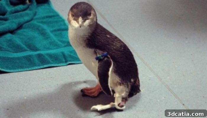 Bagpipes the penguin with his 3D printed prosthetic leg from Christchurch Antarctic Centre